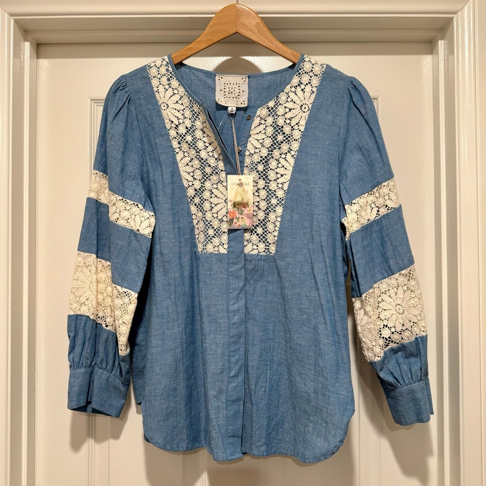 NWT Johnny Was $310 Thalassa Pieced Button Down Chambray Top Blouse Shirt Size S - Picture 2 of 16